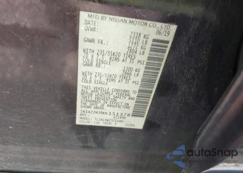 2019 Nissan Murano Platinum z USA, uszkodzony, nr VIN 5N1AZ2MJ9KN151378